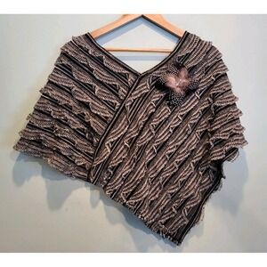 Black Gray Knit Ruffle Lightweight Feather Accent Short Poncho Shrug Glam OSFM